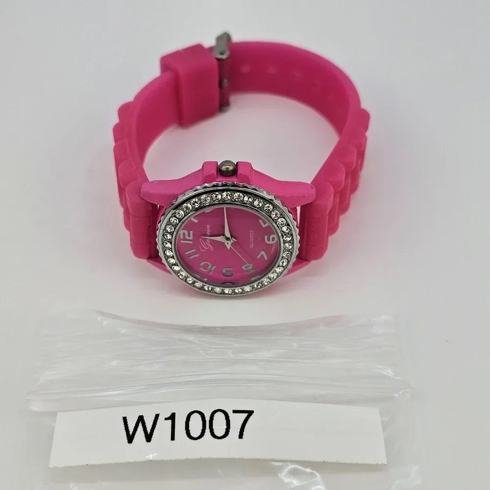 30MM Watch Women Crystal Accent Hot Pink Dial Hot Pink Plastic Bands New Battery